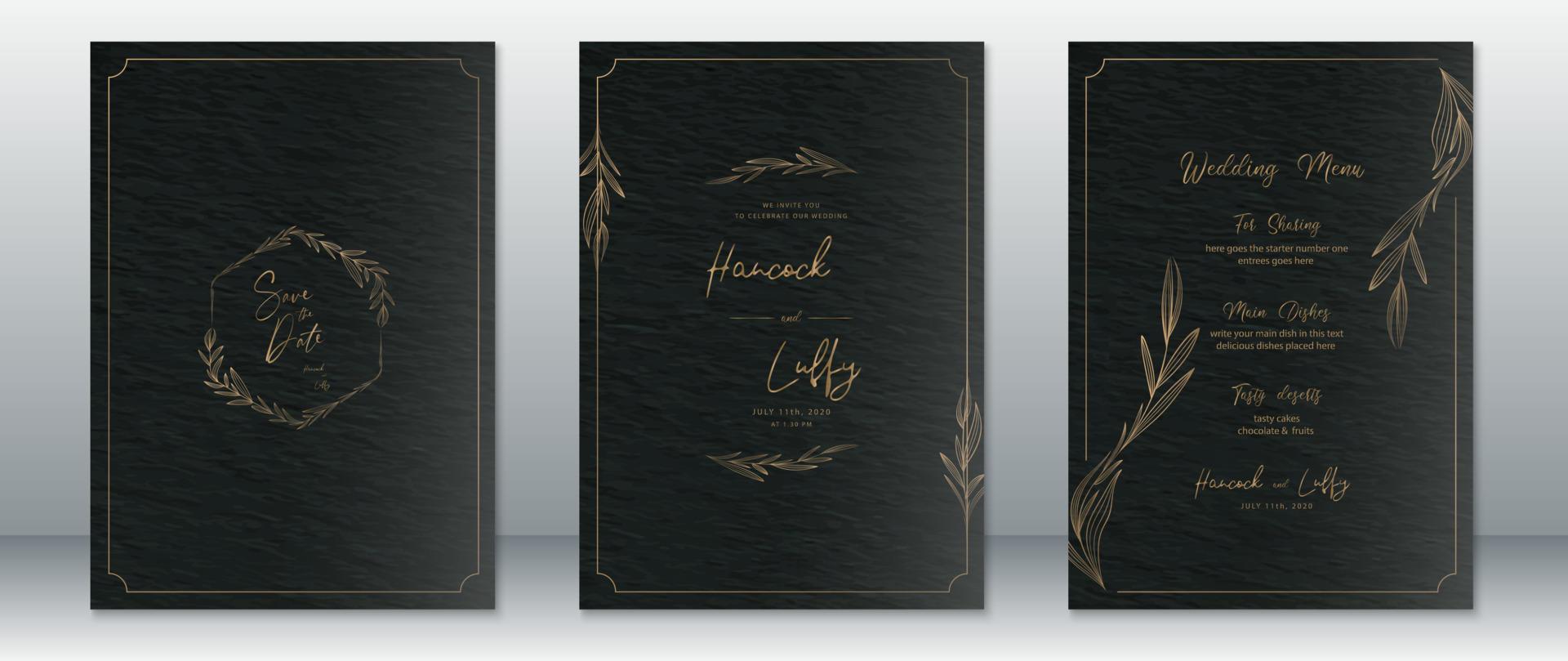 modèle de carte d'invitation de mariage de luxe avec un design noir et or vecteur