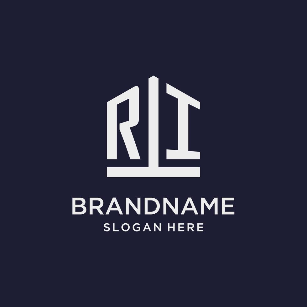 création de logo monogramme initial ri avec style en forme de pentagone vecteur