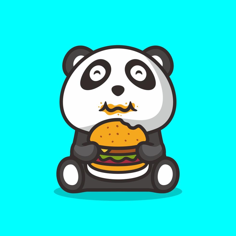 mignon gros panda mangeant un hamburger, style design plat vecteur