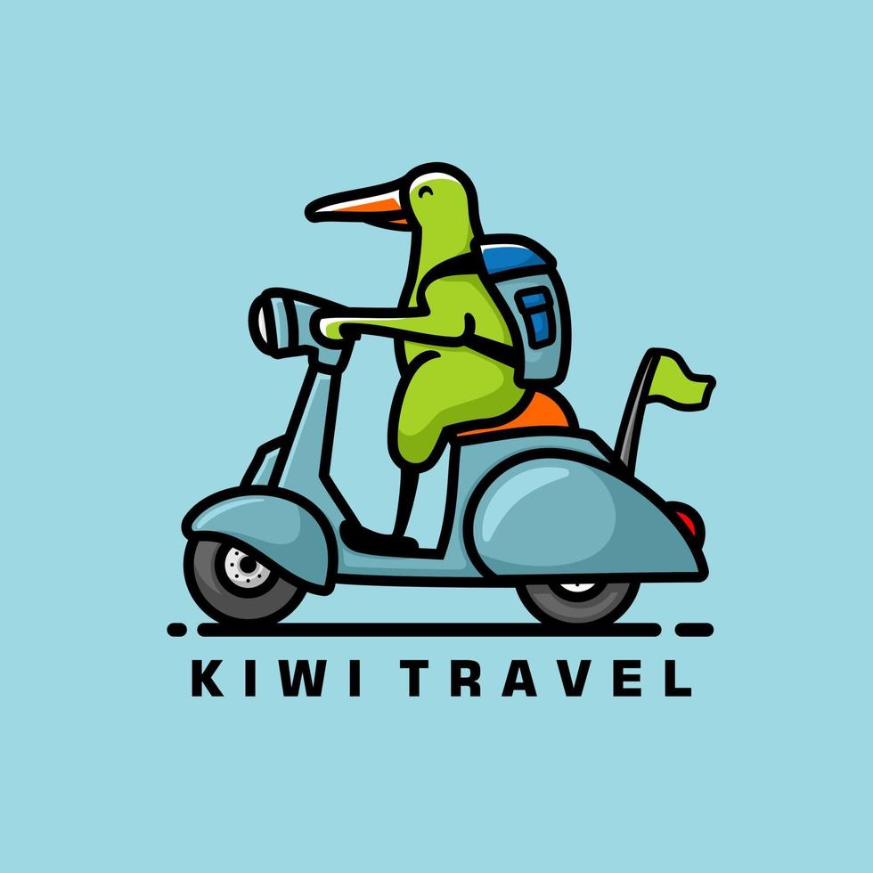 logo de mascotte de dessin animé de scooter d'équitation de kiwi, style design plat vecteur