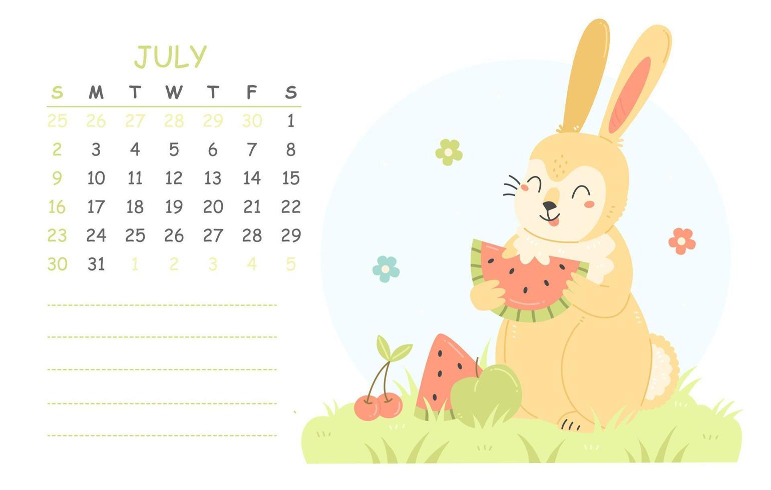 calendrier pour enfants de juillet 2023 avec une illustration d'un lapin mignon mangeant de la pastèque. 2023 est l'année du lapin. page de calendrier d'illustration d'été de vecteur. vecteur