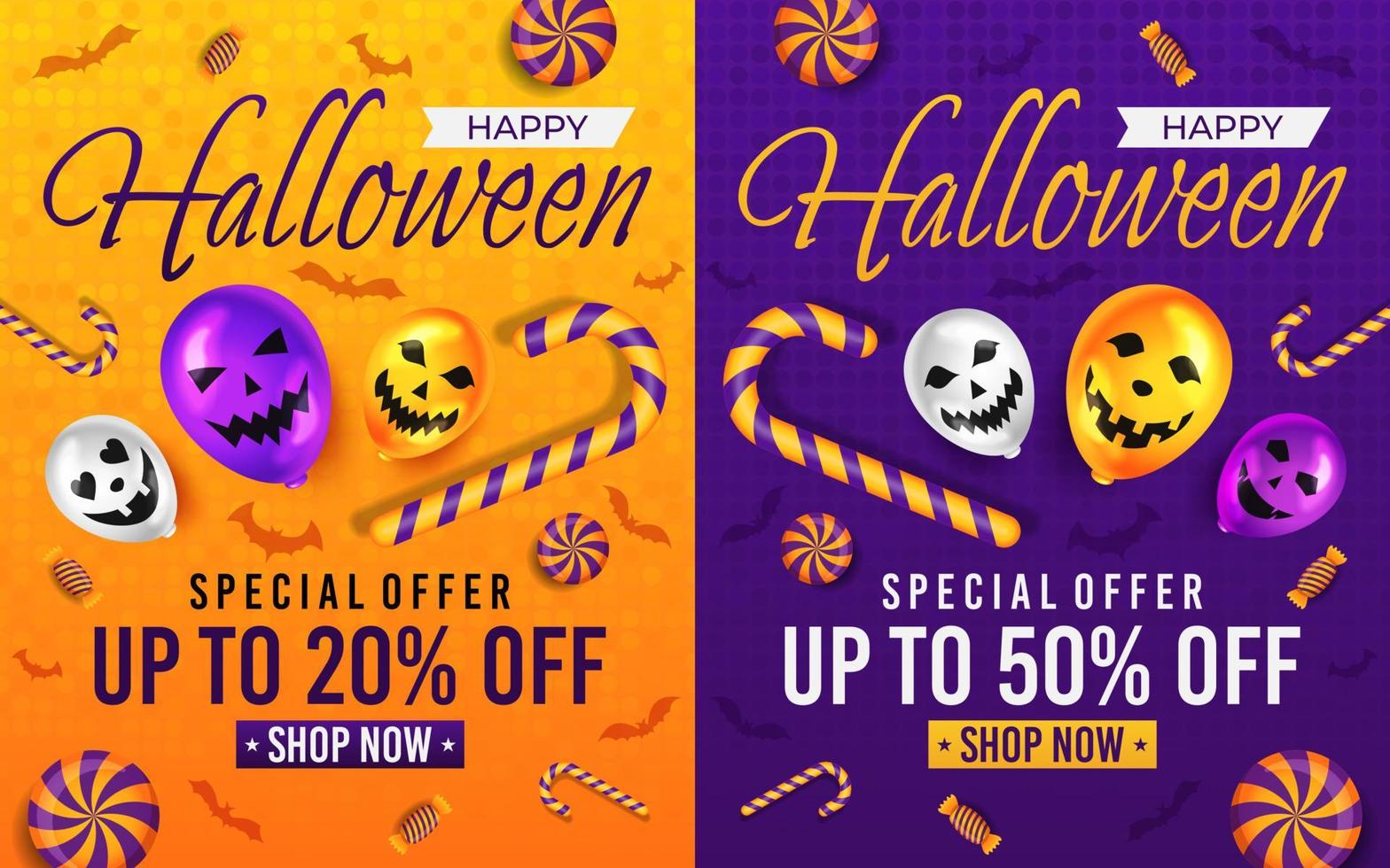 promotion de vente d'halloween avec ballon effrayant et vecteur de bonbons, arrière-plan joyeux halloween pour la promotion de la vente au détail, bannière, affiche, médias sociaux, alimentation, invitation