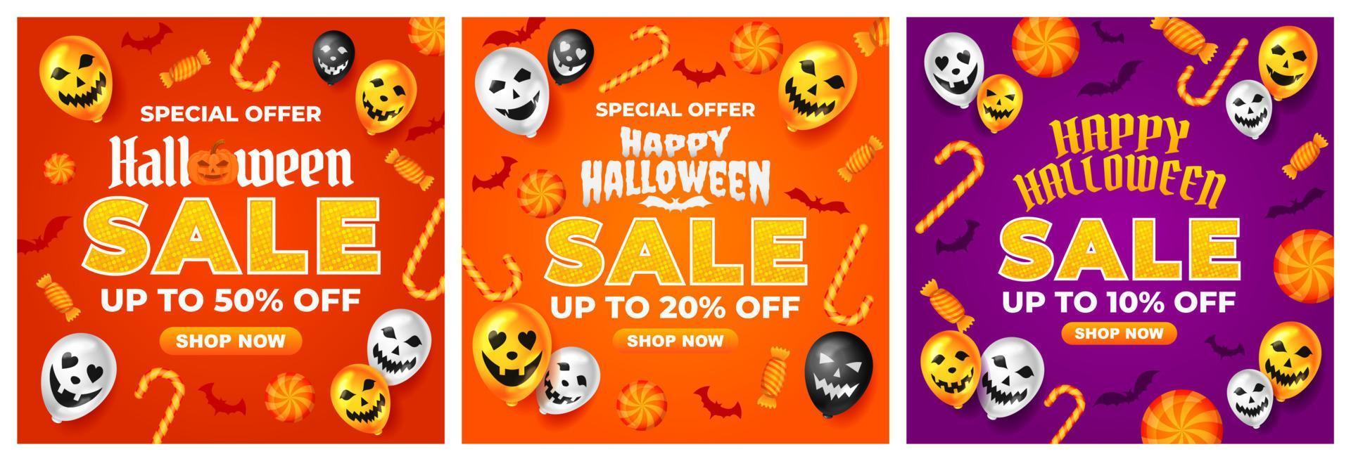 promotion de vente d'halloween avec ballon effrayant et vecteur de bonbons, arrière-plan joyeux halloween pour la promotion de la vente au détail, bannière, affiche, médias sociaux, alimentation, invitation