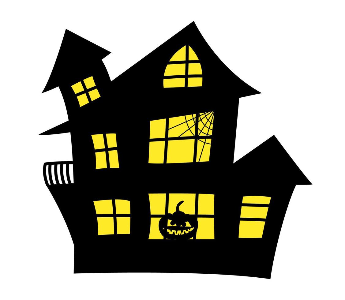 illustration vectorielle de glyphe de maison hantée pour halloween. maison d'halloween groovy noire avec lumière jaune dans les fenêtres. vecteur