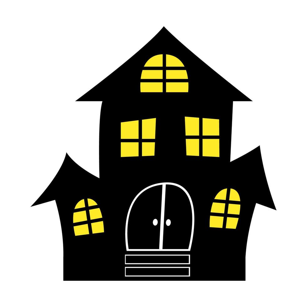 illustration d'halloween simple de maison hantée de vecteur. maison groovy noire avec lumière jaune dans les fenêtres. vecteur