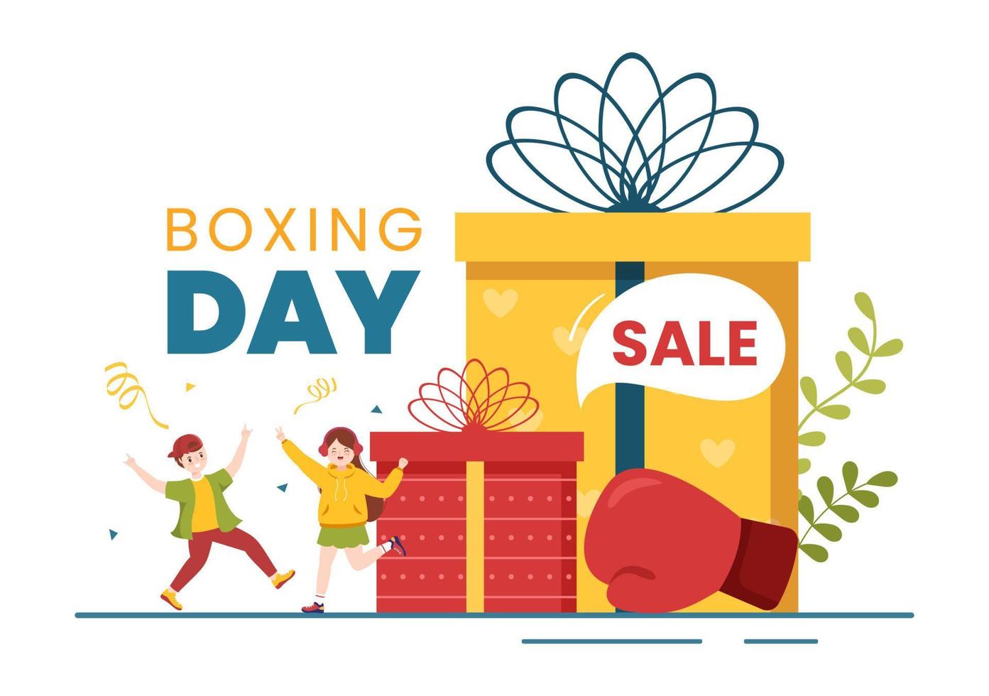 modèle de vente le jour de la boxe illustration plate de dessin animé dessiné à la main avec gant et boîte cadeau pour la promotion ou le concept de magasinage vecteur