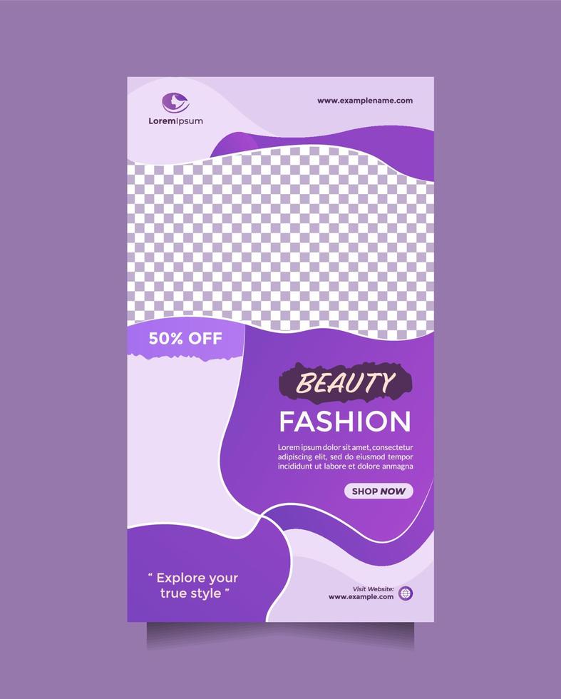 promotion de la vente de mode histoire de publication sur les médias sociaux et bannière avec une couleur violette propre. le modèle peut être utilisé pour la promotion de produits de beauté, de vêtements, de cosmétiques, de mannequins, de soins capillaires, etc. vecteur