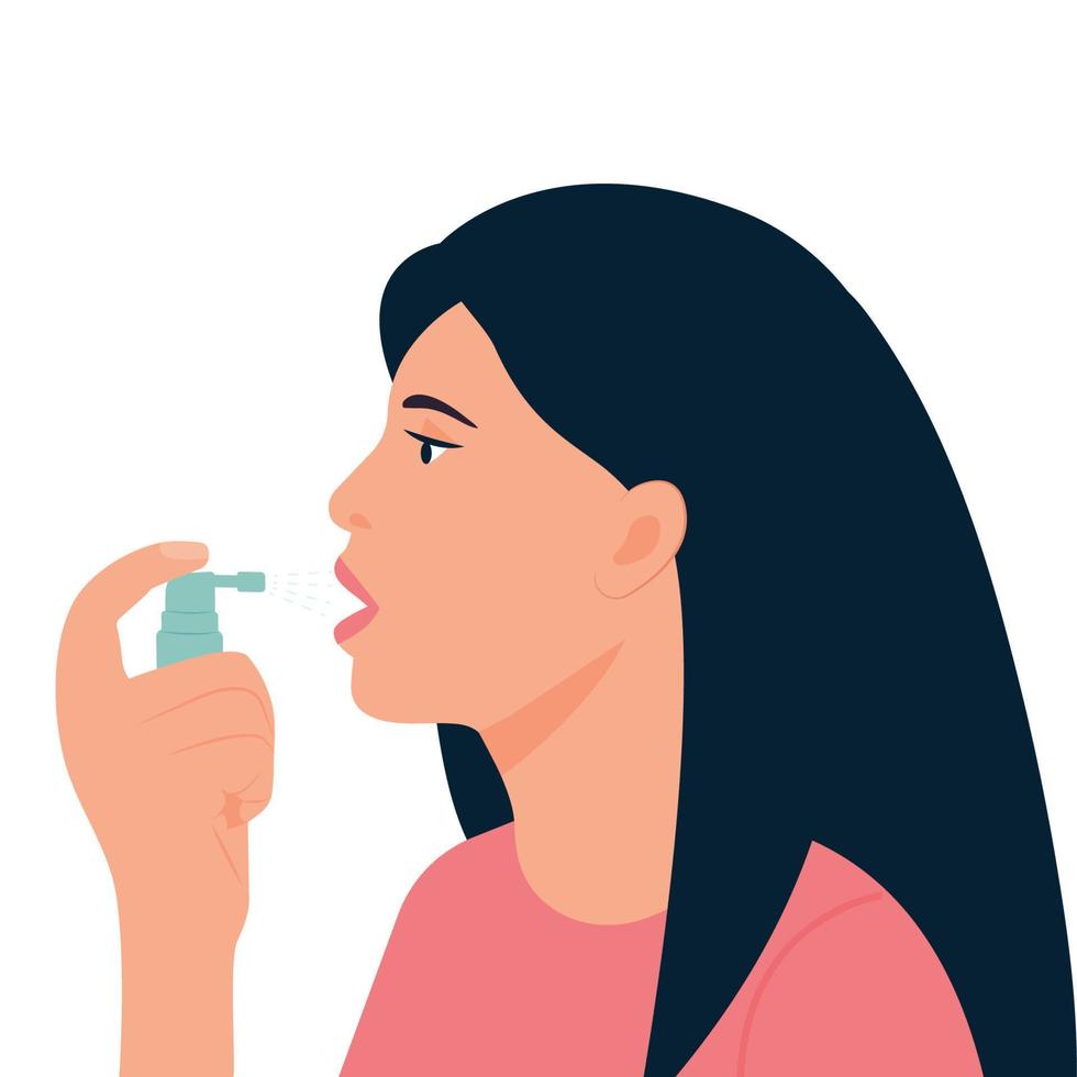 la femme utilise un rafraîchisseur d'haleine. fille utilisant un spray buccal pour le traitement de l'infection du mal de gorge aérosol dans la main. haleine fraîche.illustration vectorielle vecteur