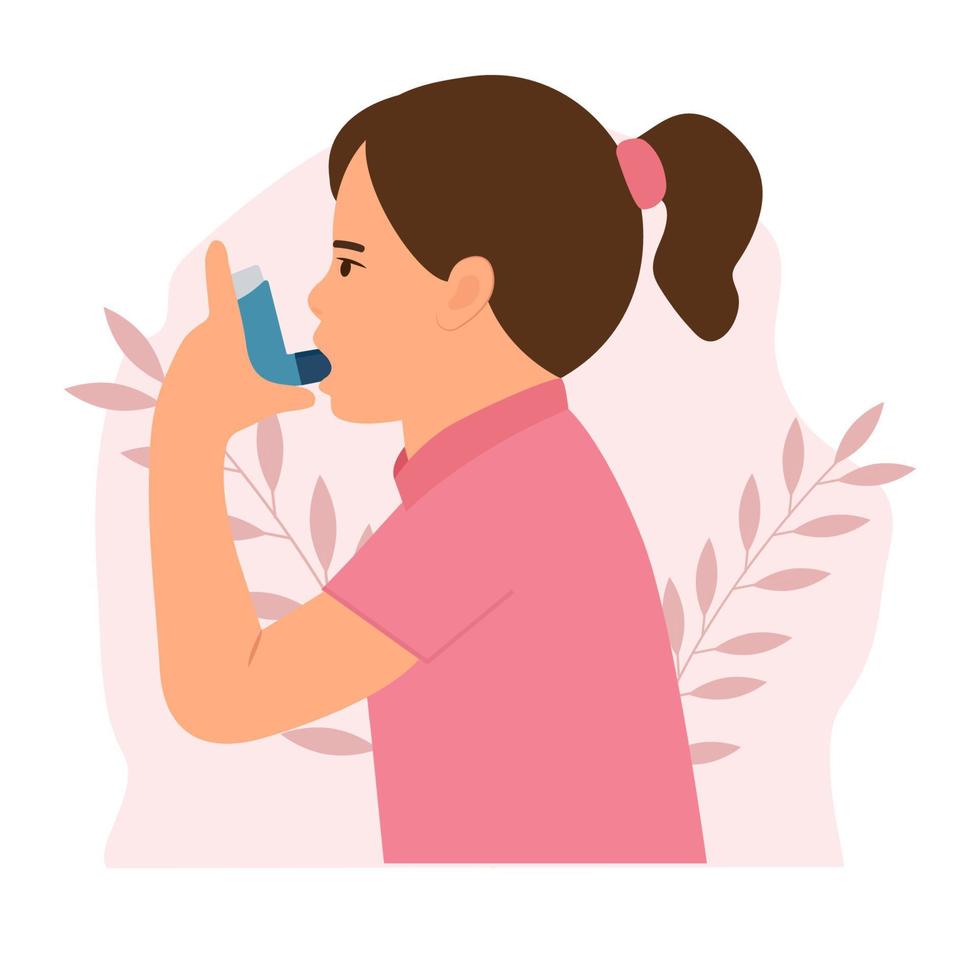 un enfant mignon utilise un inhalateur d'asthme contre l'attaque. journée mondiale de l'asthme. allergie, asthme bronchique. illustration vectorielle vecteur