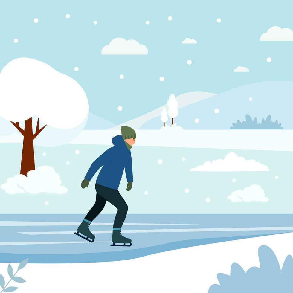 jeune homme sur la patinoire. paysage d'hiver .activités sportives amusantes. concept d'activités de loisirs d'hiver. illustration vectorielle vecteur