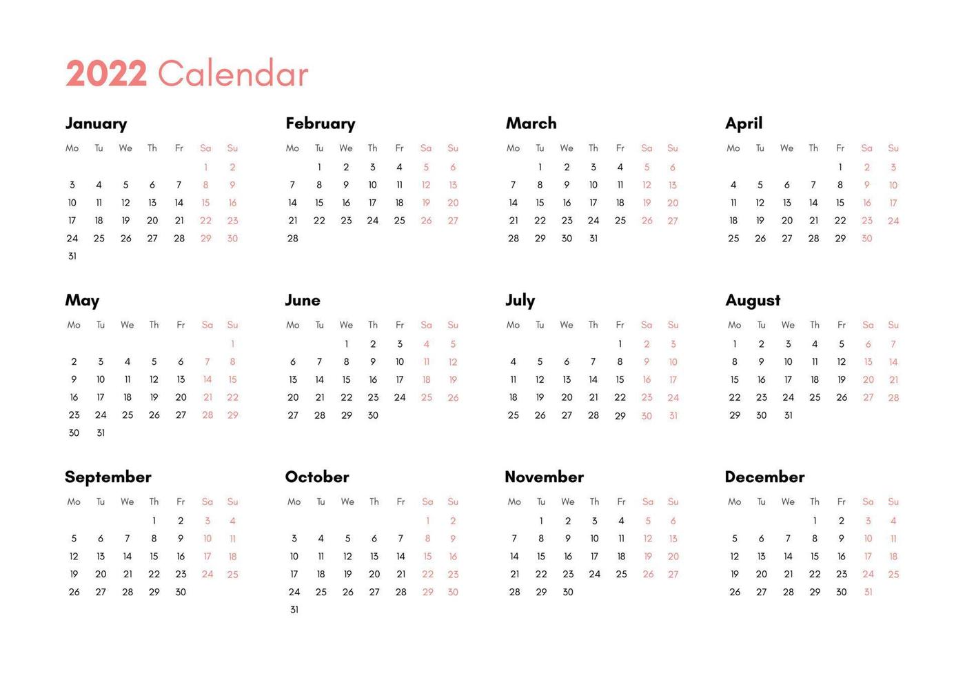 calendrier de poche sur l'année 2022. vue horizontale. la semaine commence à partir du lundi. vecteur