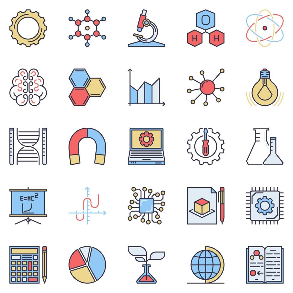 ensemble d'icônes de concept de couleur de tige - signes de science vectorielle vecteur