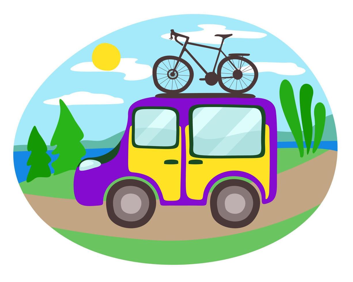minibus de voyage avec vélo sur le dessus. illustration vectorielle isolée. vecteur