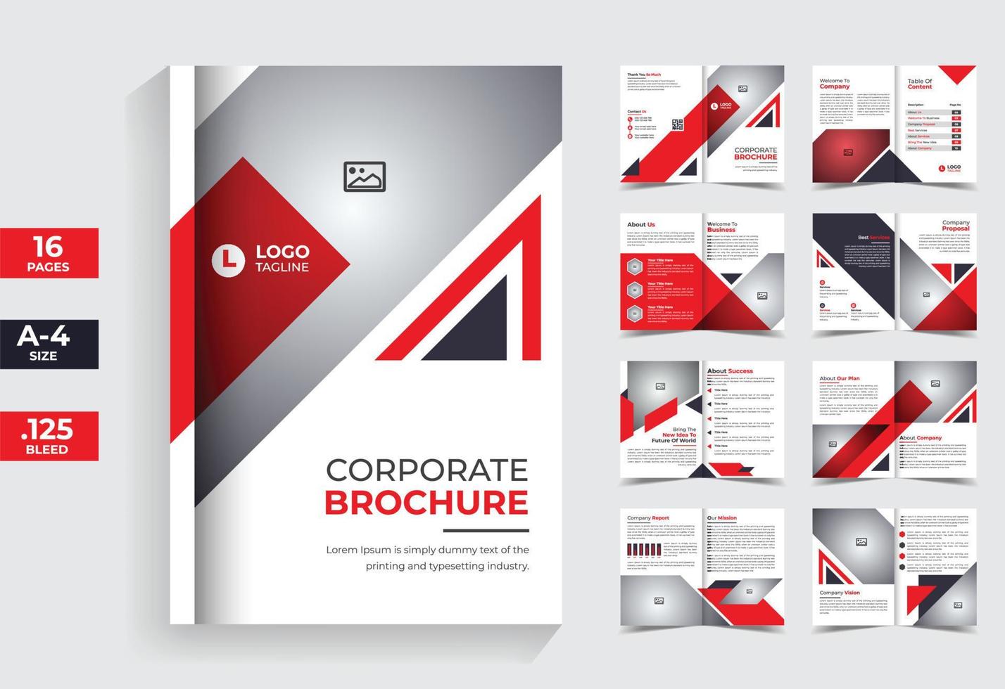 modèle de brochure d'entreprise rouge de 16 pages, brochure d'entreprise avec une forme moderne vecteur