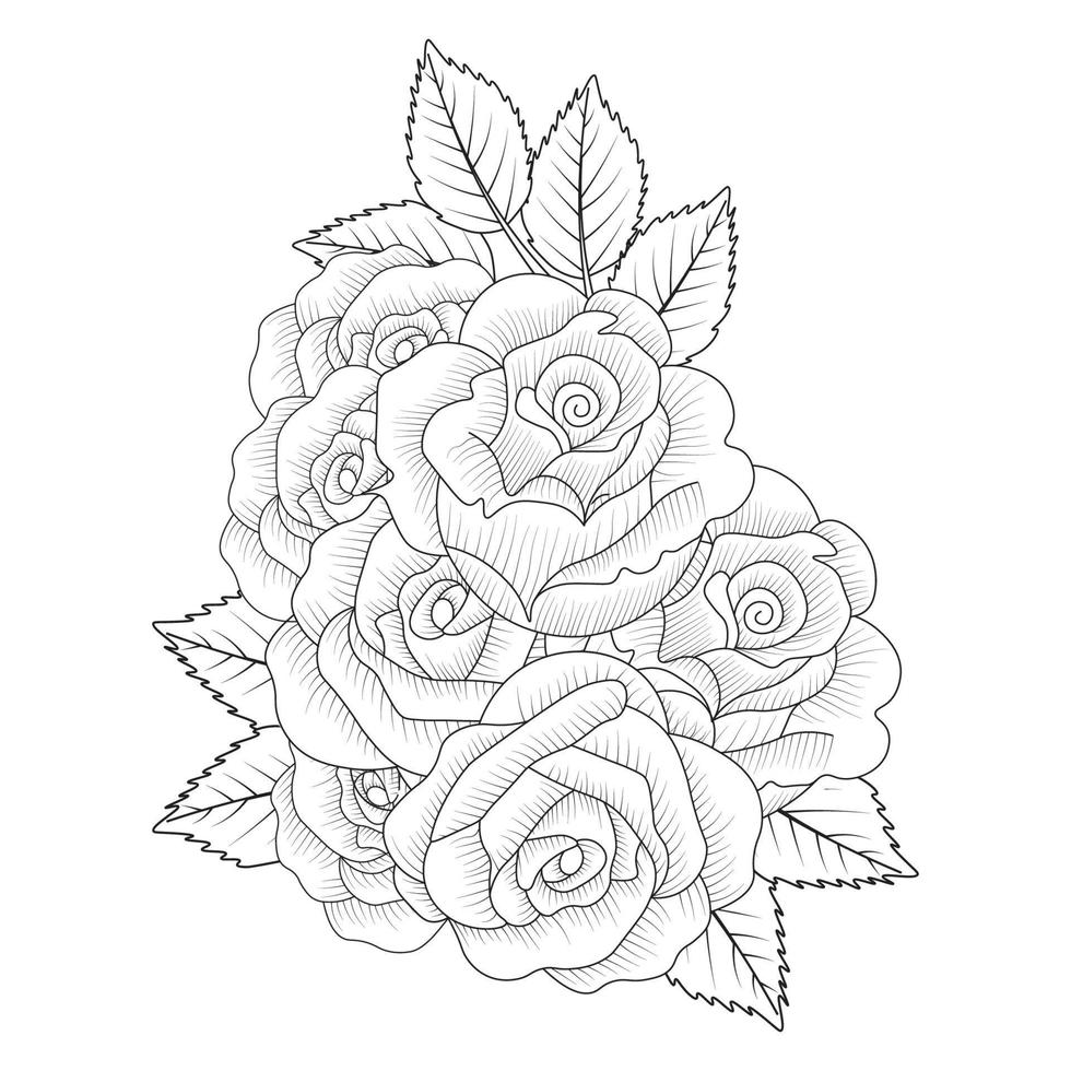 illustration rose de dessin au trait au crayon avec page de livre de coloriage pour adultes de style doodle avec des feuilles croquis facile vecteur