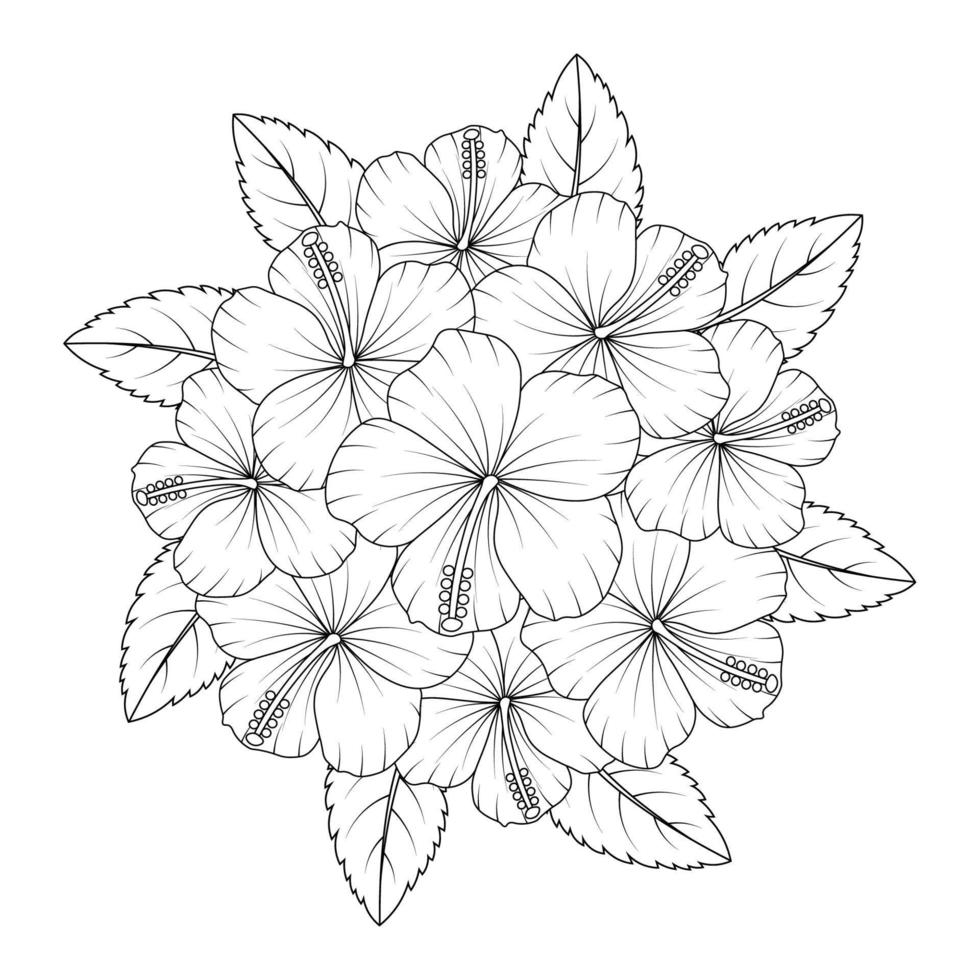 fleur d'hibiscus pétale et feuilles en fleurs avec plante d'hibiscus de conception de traits d'art en ligne de fleurs sauvages vecteur