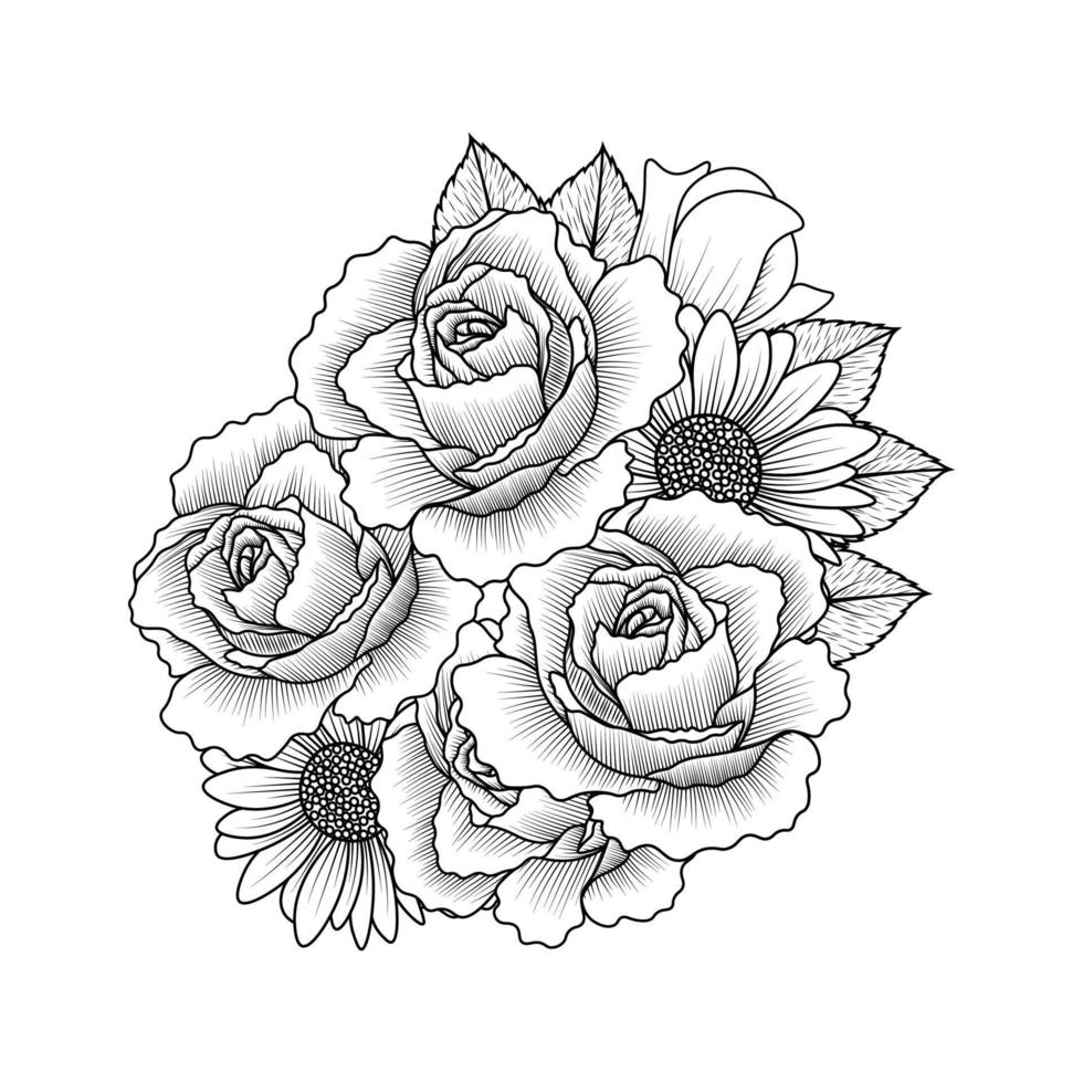 fleur de marguerite et fleur rose livre de coloriage pour adultes conception de page de clipart vectoriel