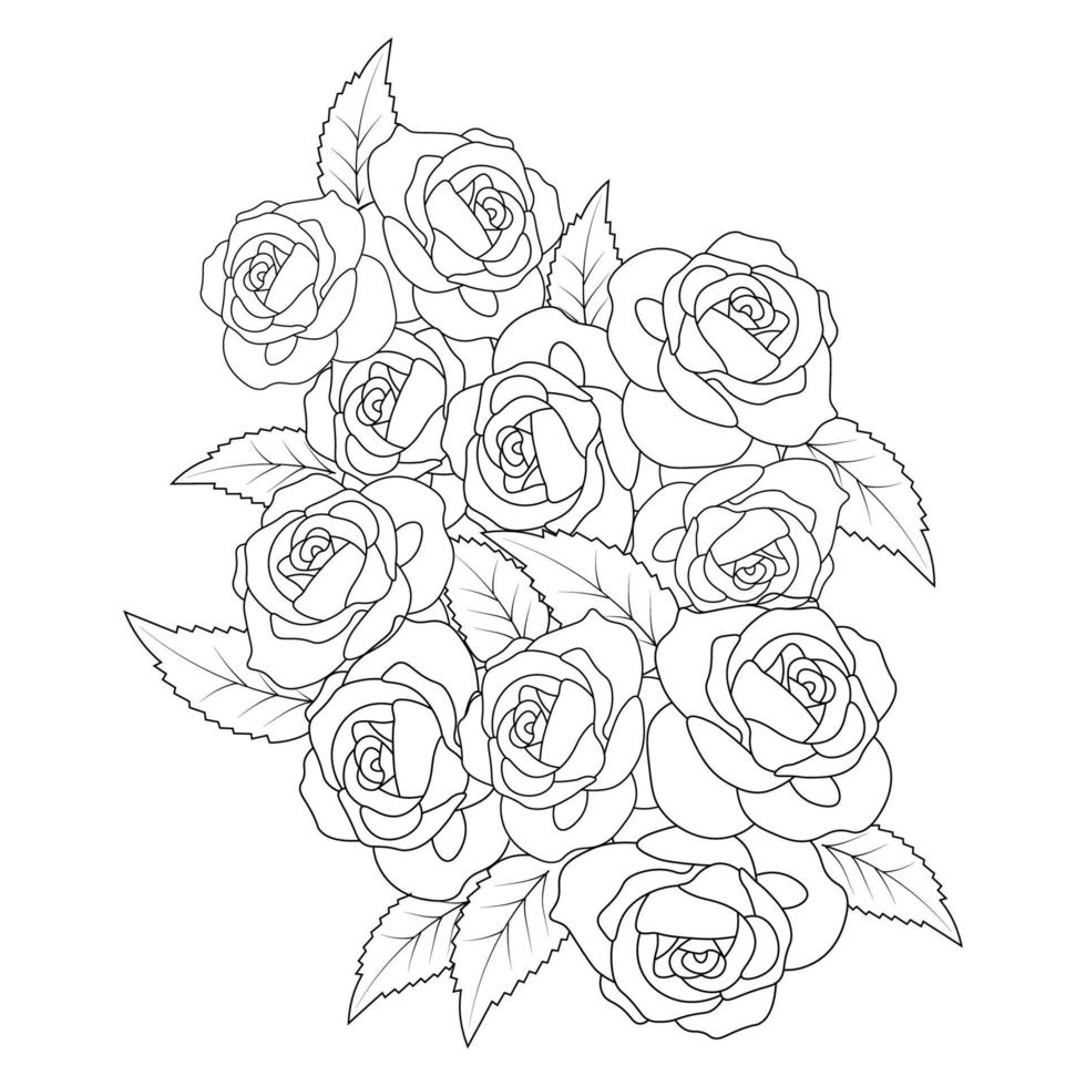 bouquet floral dessiné à la main avec des roses et des feuilles page de coloriage zentangle avec des croquis faciles décoratifs vecteur