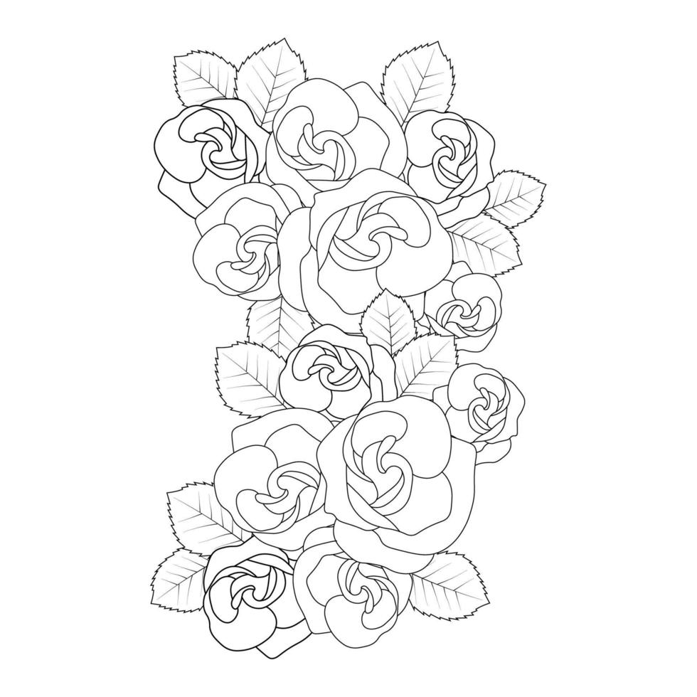 illustration rose de dessin au trait au crayon avec page de livre de coloriage pour adultes de style doodle avec des feuilles croquis facile vecteur