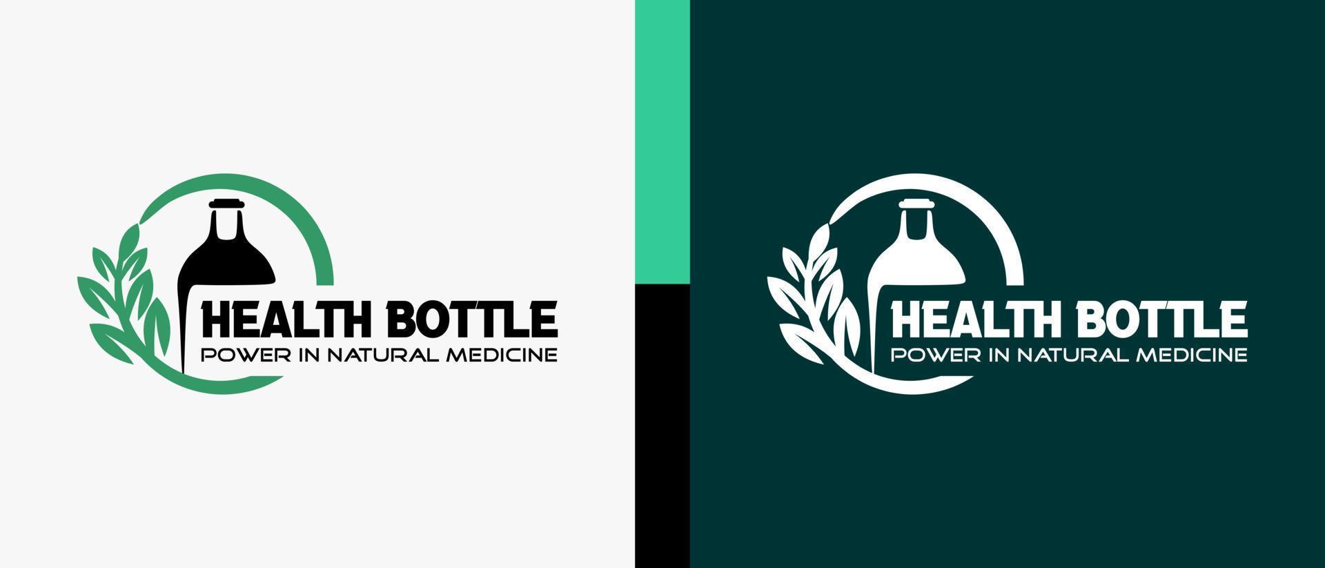 boisson à base de plantes ou modèle de conception de logo de boisson médicinale traditionnelle avec style créatif, icône de bouteille et icône de feuille dans un cercle. illustration de logo de boisson santé premium vecteur