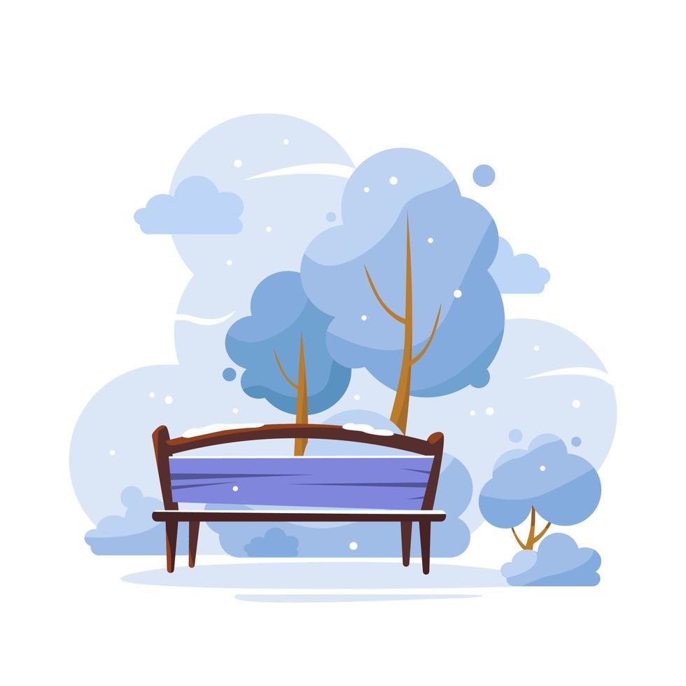 un banc dans le parc en hiver. illustration plate vecteur
