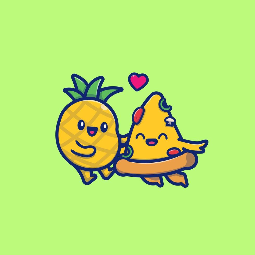 illustration d'icône vectorielle de dessin animé mignon couple ananas et pizza. concept d'icône de fruits isolé vecteur premium. style de dessin animé plat