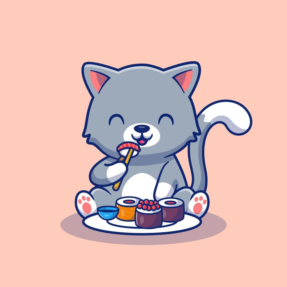 chat mignon mangeant une illustration d'icône vectorielle de dessin animé de sushi. concept d'icône animale et alimentaire isolé vecteur premium. style de dessin animé plat