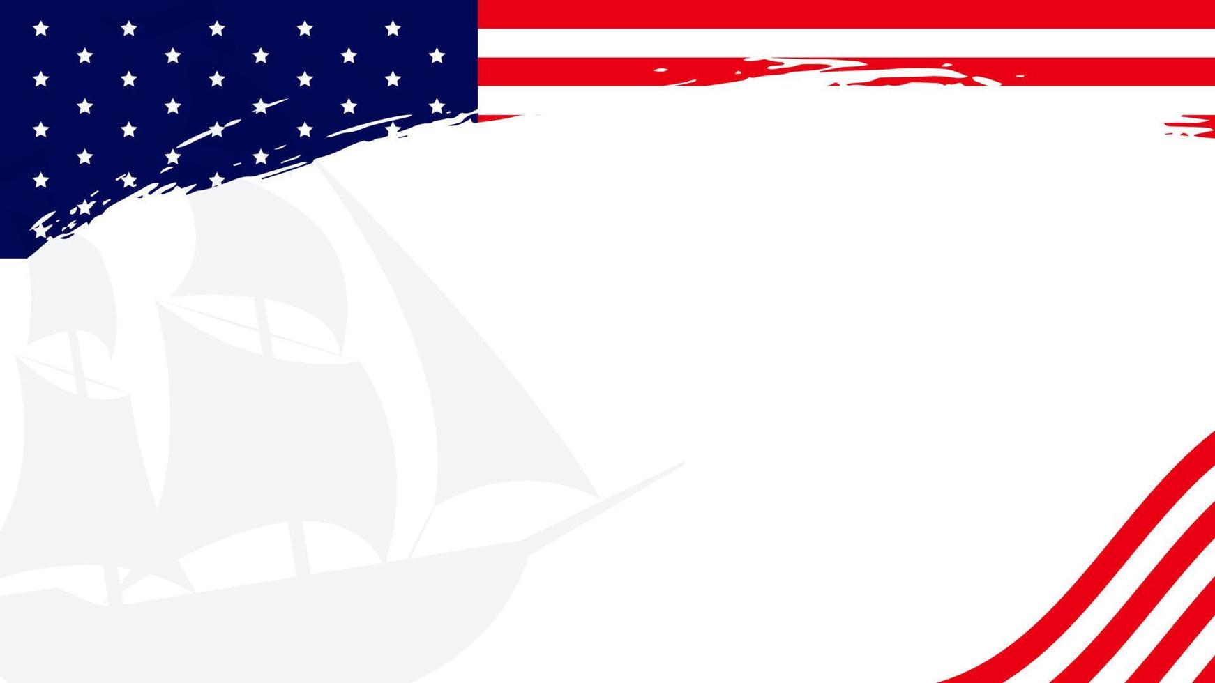 fond de jour de columbus usa avec silhouette de navire, drapeau national des états-unis, coup de pinceau et zone d'espace de copie. vecteur