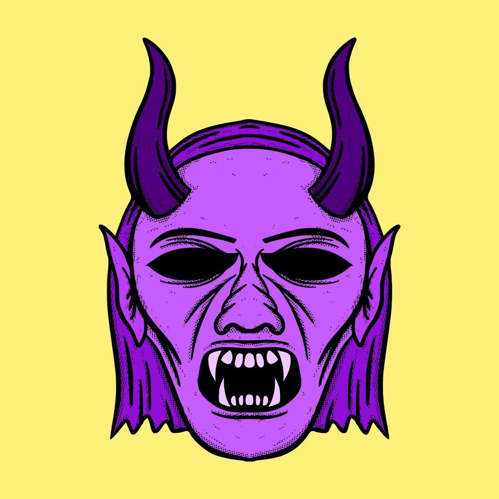 diable visage violet illustration dessinés à la main dessin animé coloré style vintage vecteur