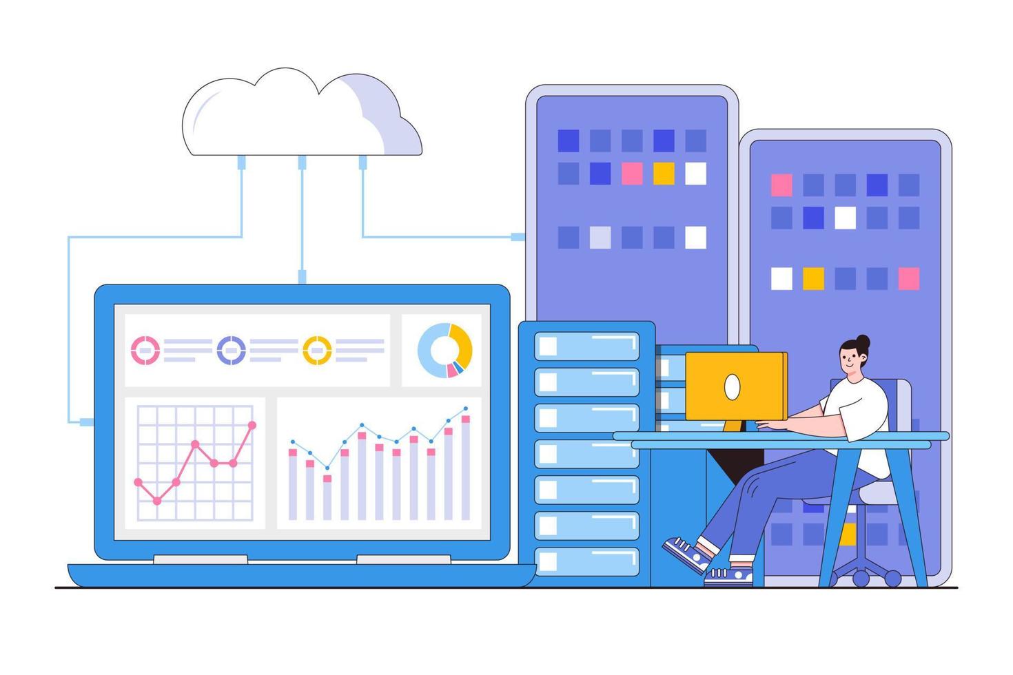 concept de données d'analyse de serveur cloud de technologie d'entreprise plate. illustration vectorielle minimale de style de conception de contour vecteur