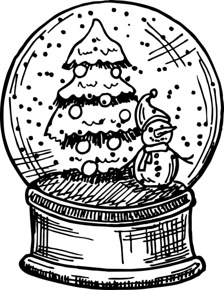 croquis de boule de neige de noël. carte de noël avec croquis snowglobe vecteur