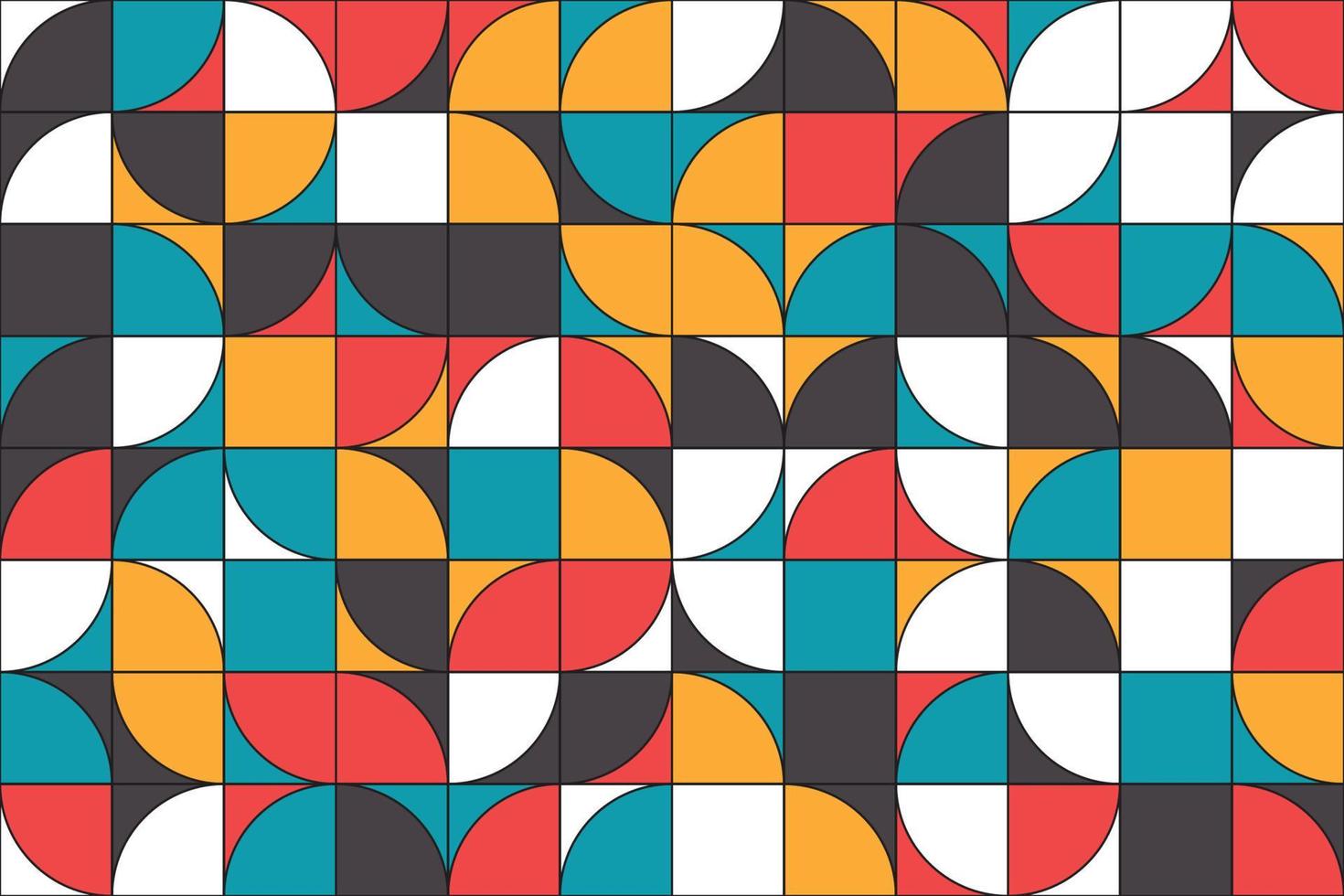 modèle sans couture de formes géométriques demi-cercle coloré abstrait. demi-cercles géométriques noirs, bleus, orange, rouges et blancs fond carrelable avec des lignes de contour vecteur