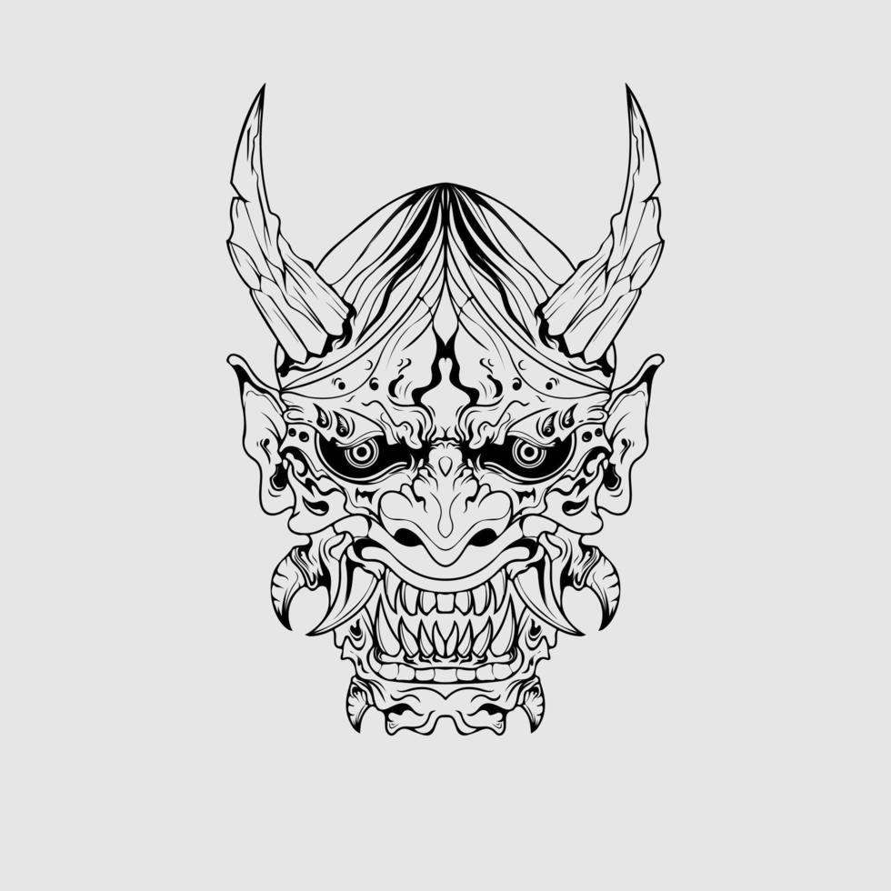 masque de démon de culture japonaise ou masque oni avec style de dessin à la main sur fond blanc. vêtements et tatouages prêts à être imprimés vecteur