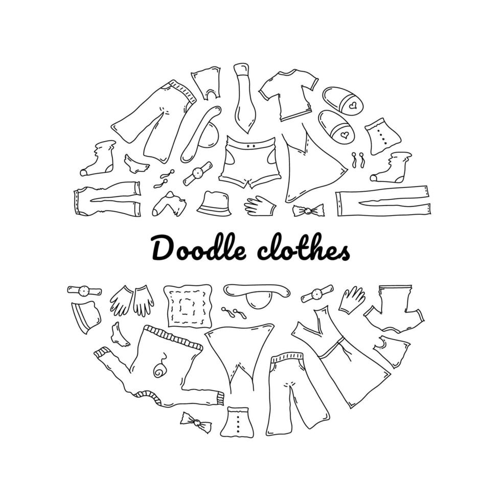 doodle ensemble de vêtements. objets, symboles et objets dessinés à la main de mode. composition ronde avec inscription vecteur