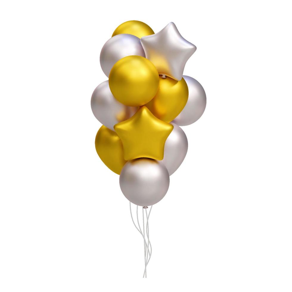 bouquet de ballons dorés et argentés 3d réalistes. forme d'étoile. décoration d'illustration vectorielle pour carte, fête, design, flyer, affiche, bannière, web, publicité vecteur