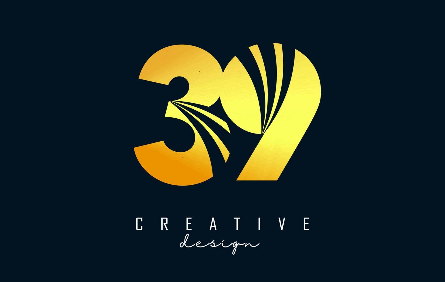 logo créatif doré numéro 39 3 9 avec lignes directrices et conception de concept de route. nombre avec un dessin géométrique. vecteur