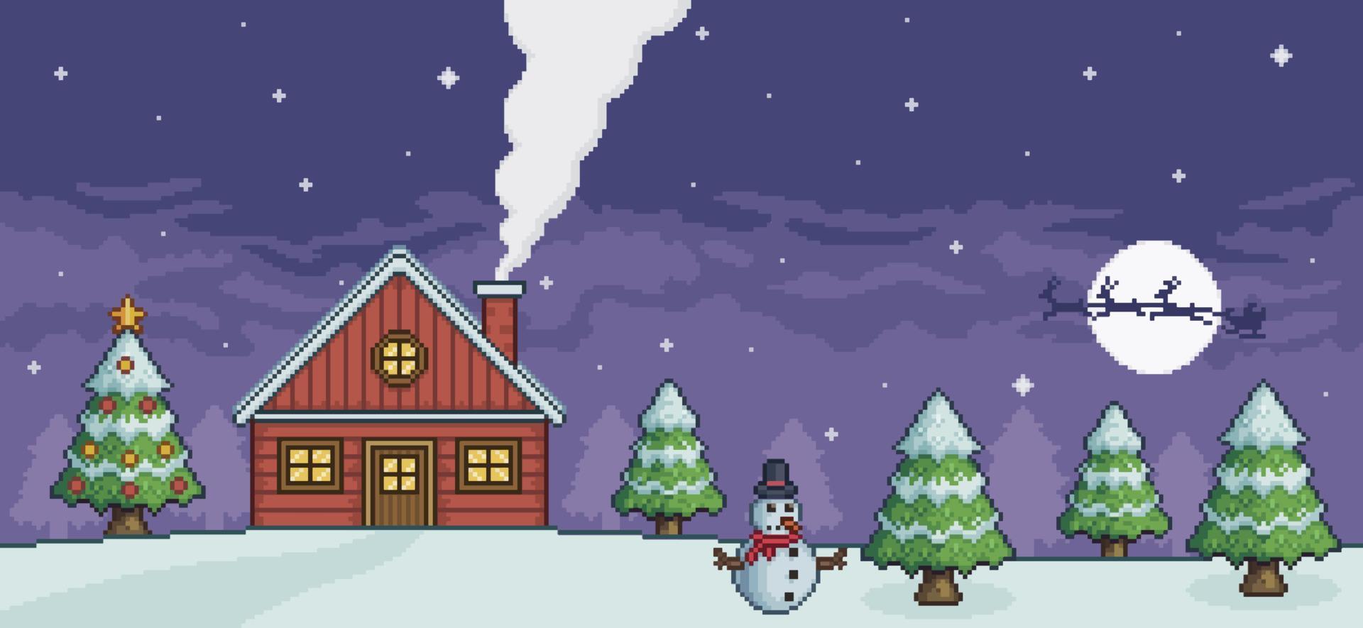 paysage de noël pixel art la nuit avec maison rouge, arbre de noël, bonhomme de neige, père noël, pins et fond de jeu de neige 8 bits vecteur