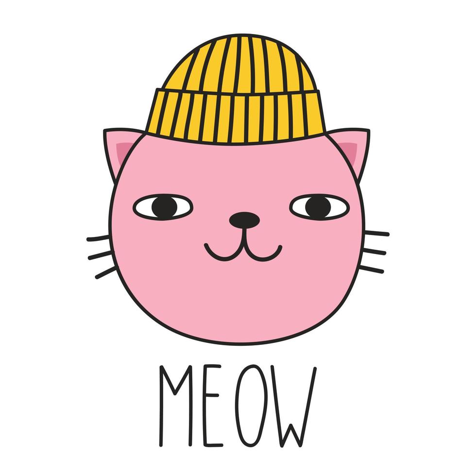 chat mignon dans un chapeau d'hiver et lettrage miaou. style de griffonnage. illustration vectorielle vecteur