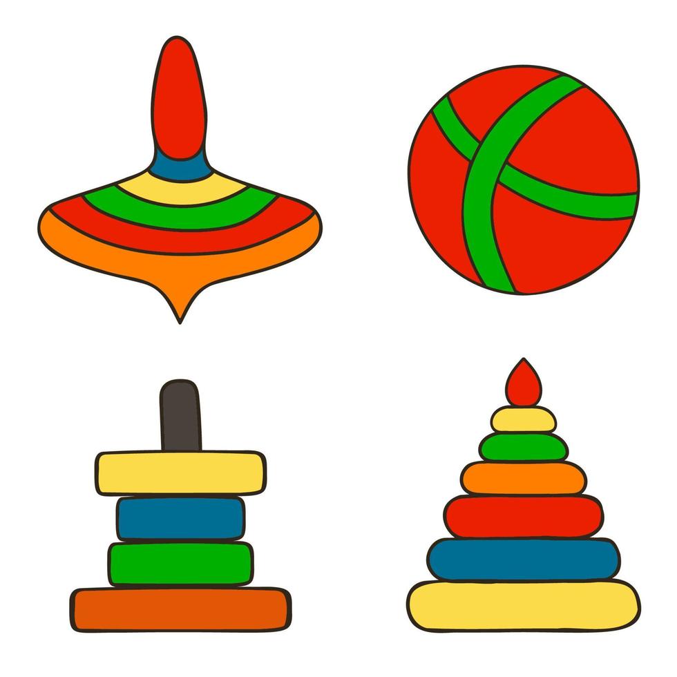 jouets éducatifs. jouets pour enfants d'âge préscolaire dans le style doodle. un ensemble d'illustrations vectorielles sur fond blanc. vecteur