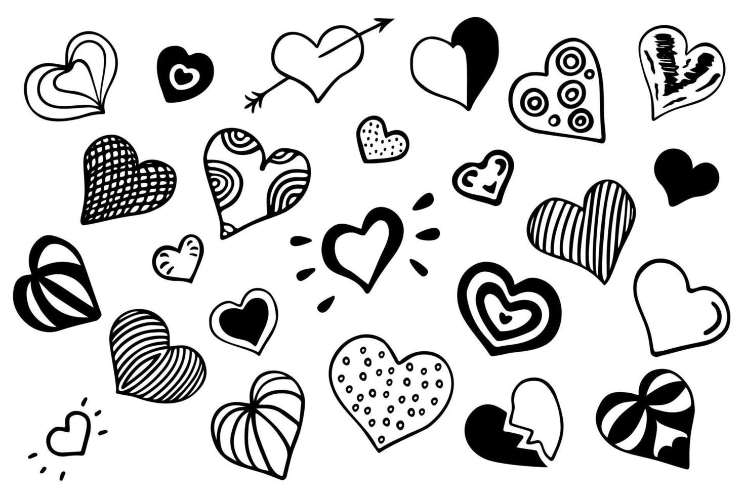 un ensemble de coeurs dans le style d'un doodle. le motif de coeur est isolé sur un fond blanc. illustration vectorielle pour votre conception graphique. vecteur