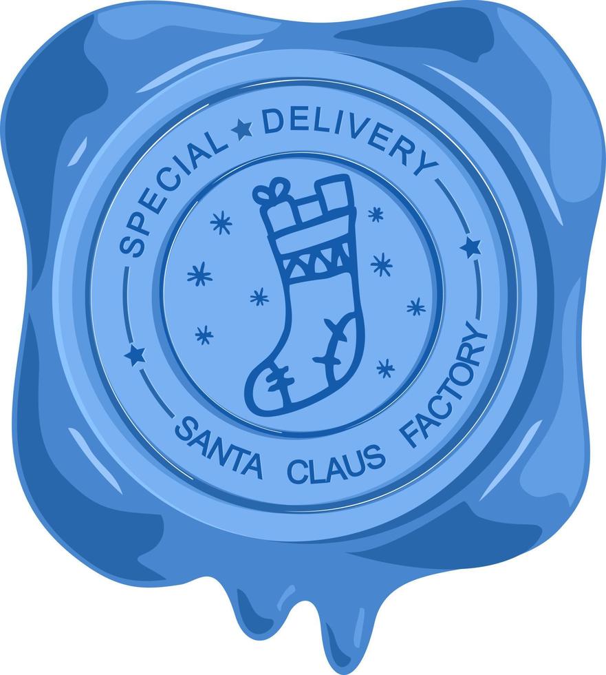 cachet de cire postal officiel en bleu avec une chaussette de noël. livraison spéciale du pôle nord, faite dans l'atelier du père noël vecteur