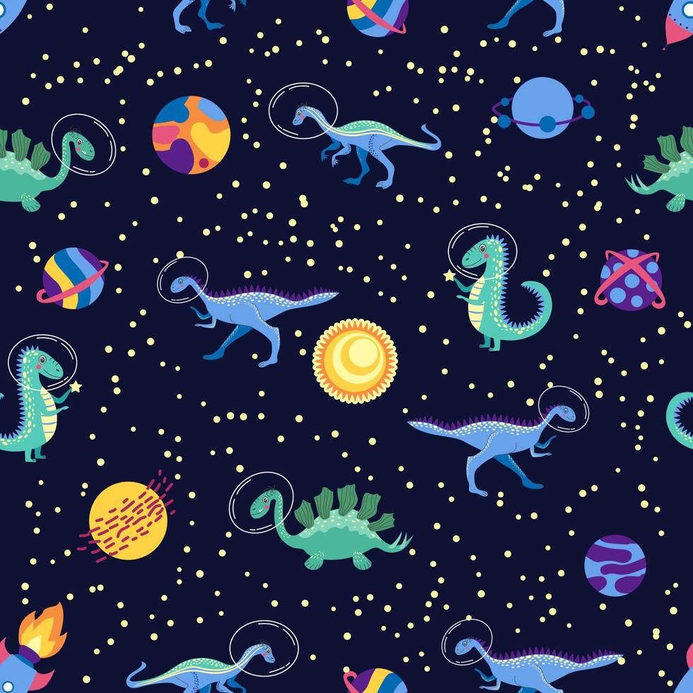 dino dans le modèle sans couture de l'espace. personnages de dragon mignons, dinosaure voyageant dans une galaxie avec des étoiles, des planètes. fond de dessin animé pour enfants. illustration du dragon astronaute, enfants s'enveloppant avec un dino cosmique vecteur