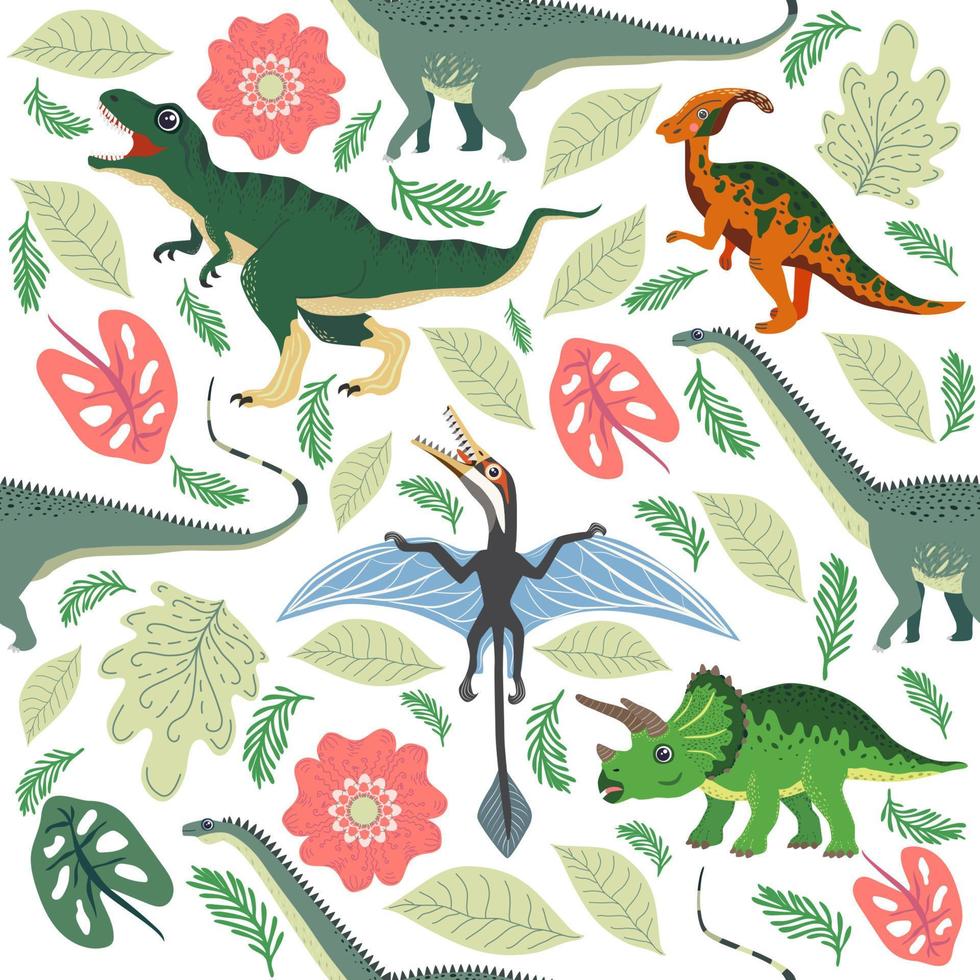 motif de dinosaure doodle. impression de dragon textile sans couture, fond de tissu enfantin à la mode, dinosaures de dessin animé. vecteur