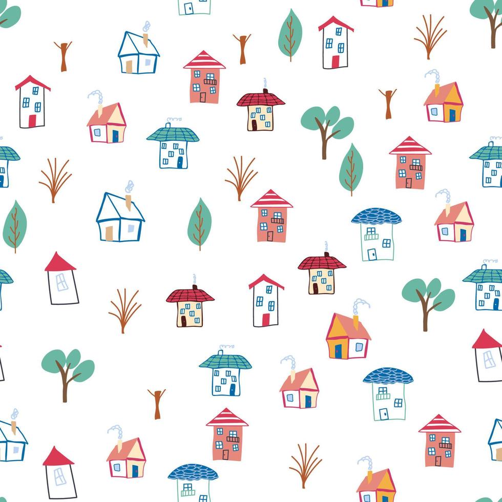 enfants sans couture de modèle avec élément de coloration maison doodle. motif de maison, jolies maisons colorées, décor amusant pour enfants. vecteur