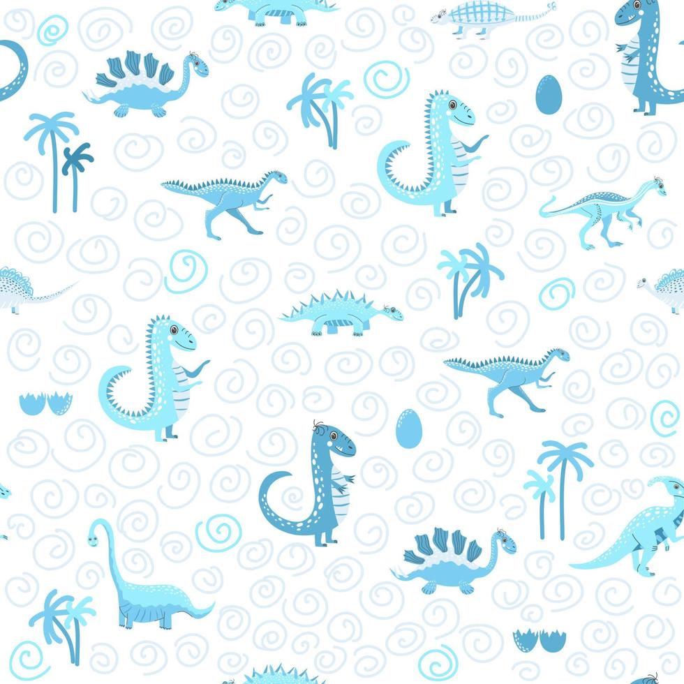 modèle sans couture de dinosaures mignons. motif uni, nuances de bleu, vert, rose, orange, violet, gris. dinosaure drôle de bande dessinée vecteur