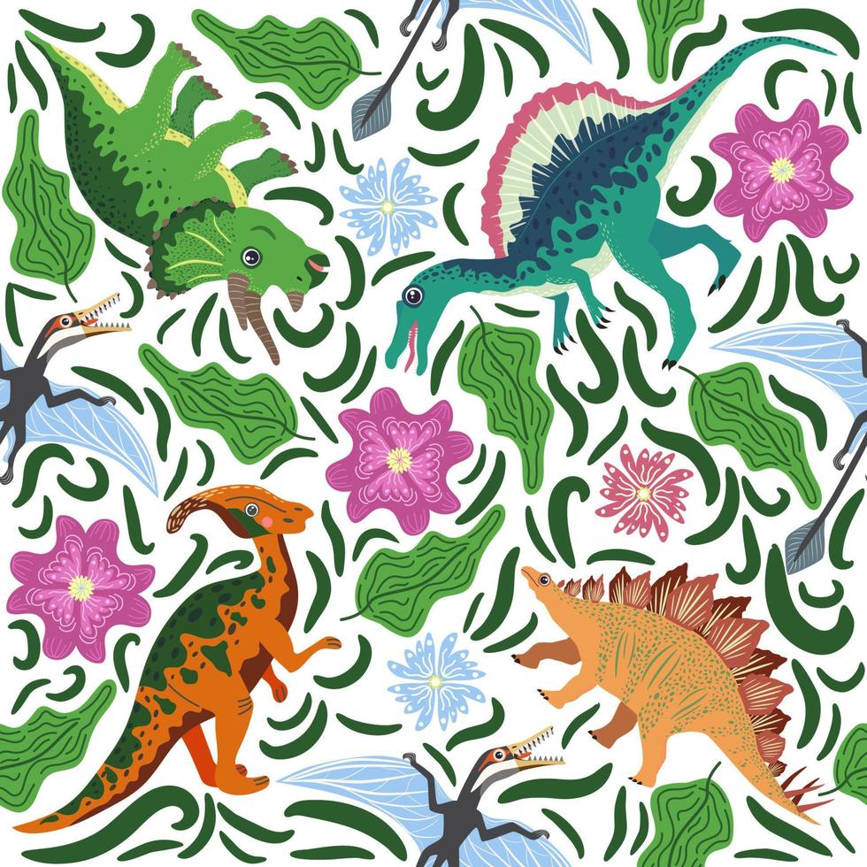 motif de dinosaure doodle. impression de dragon textile sans couture, fond de tissu enfantin à la mode, dinosaures de dessin animé. vecteur