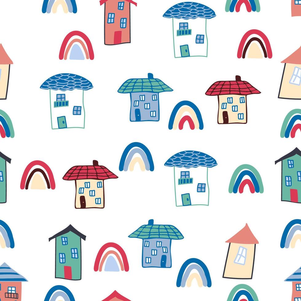 enfants sans couture de modèle avec élément de coloration maison doodle. motif de maison, jolies maisons colorées, décor amusant pour enfants. vecteur