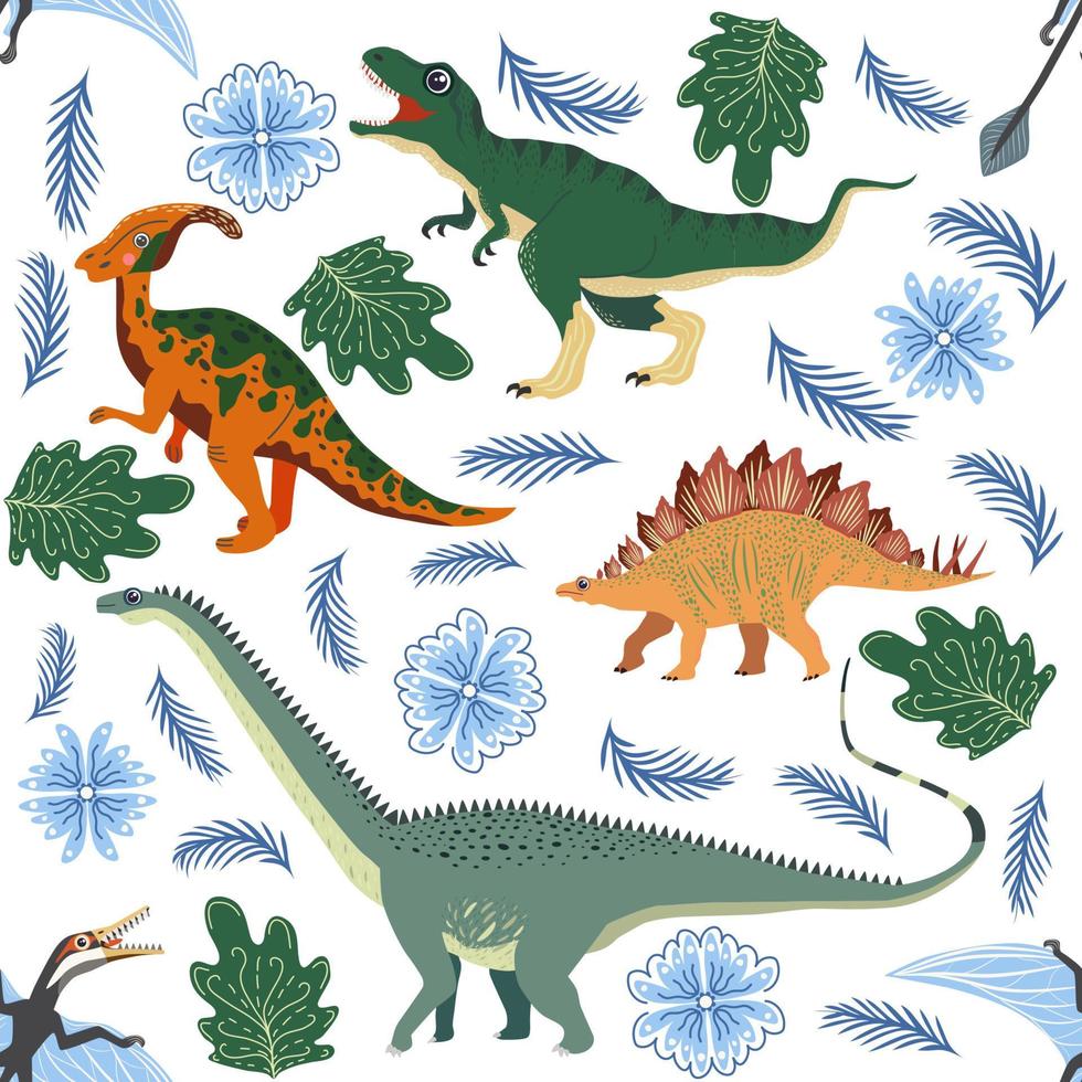 motif de dinosaure doodle. impression de dragon textile sans couture, fond de tissu enfantin à la mode, dinosaures de dessin animé. vecteur