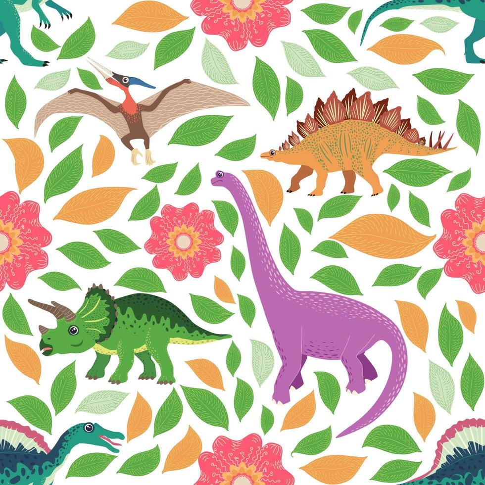 motif de dinosaure doodle. impression de dragon textile sans couture, fond de tissu enfantin à la mode, dinosaures de dessin animé. vecteur