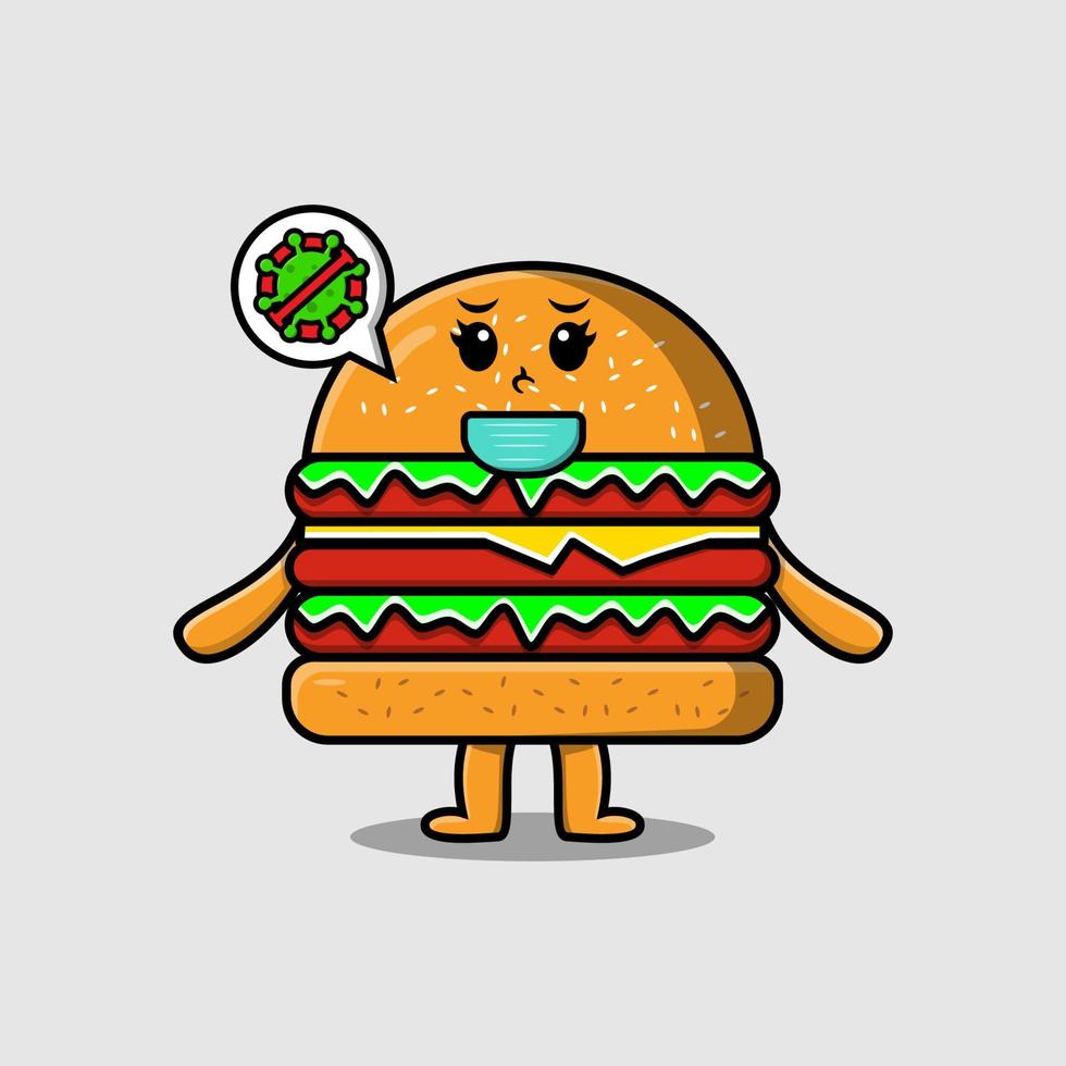 burger de dessin animé mignon utilisant un masque pour prévenir le virus vecteur